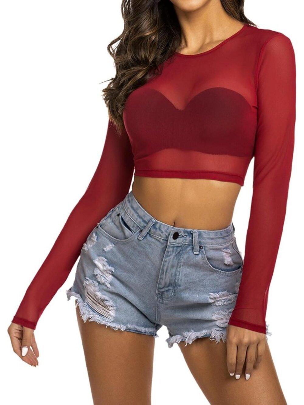 Women's wine Red Sexy Crop Top Mesh Long Sleeve See Through Clubwear Sheer
